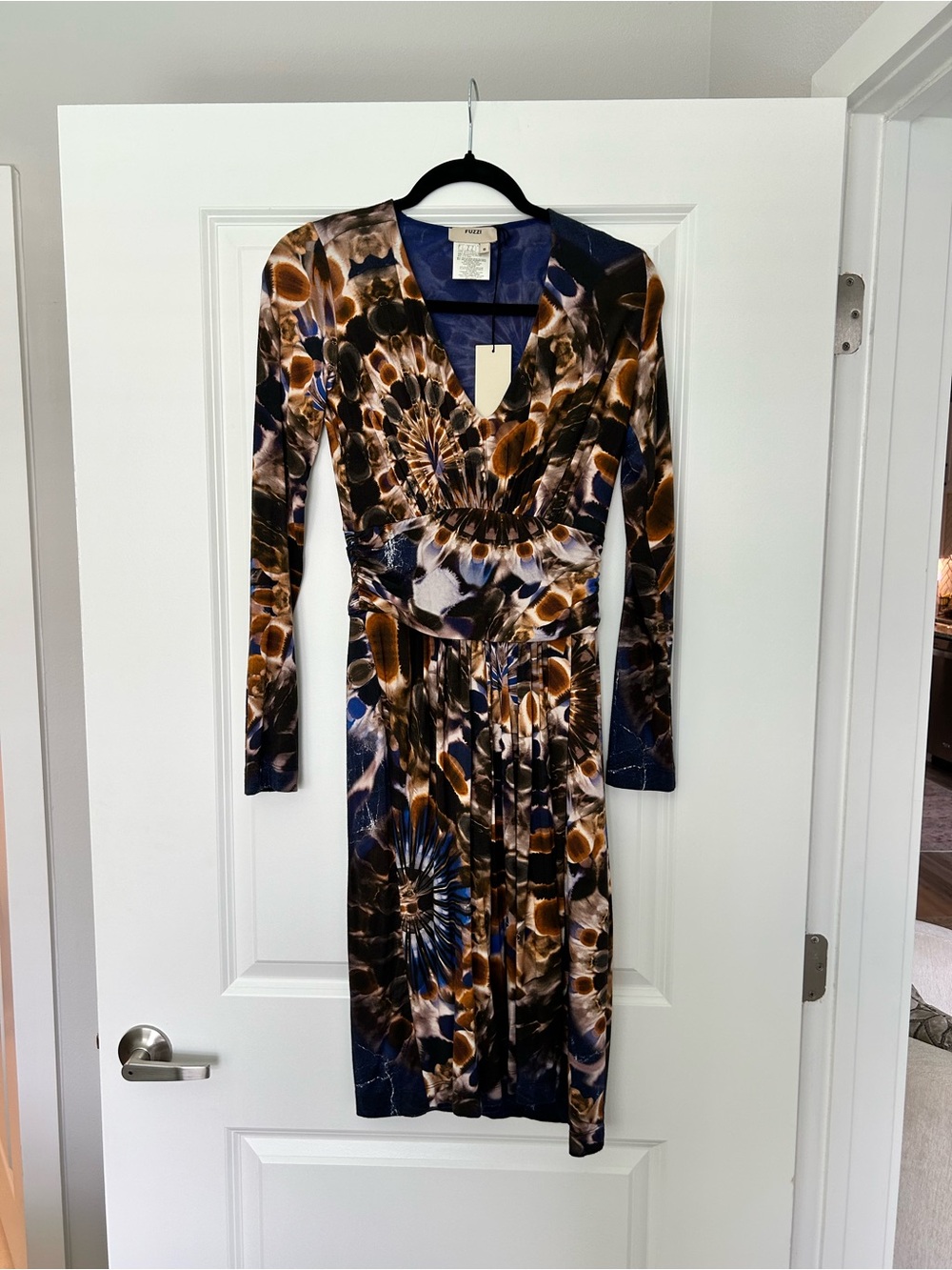 Long-Sleeve V-Neck Midi Dress in Navy and Brown by Foxcroft